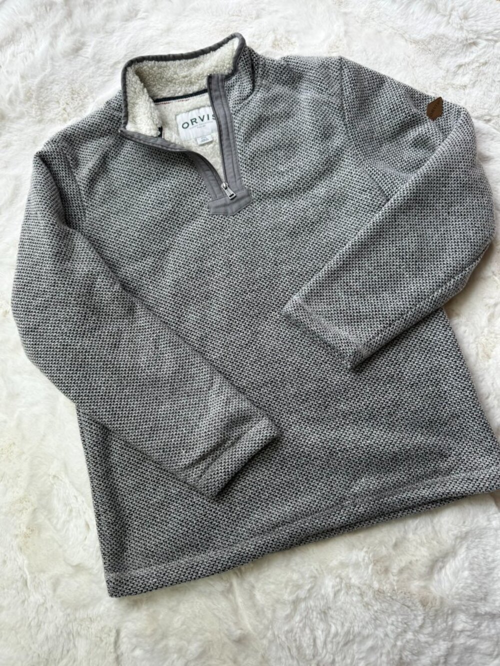 Orvis Gray Fleck Sherpa Shearling‑Fleece Lined Quarter Zip Sweater – Men’s M